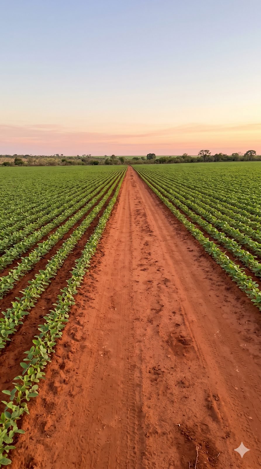 Estrada de terra entre lavouras de soja ao amanhecer, em Sorriso, Mato Grosso