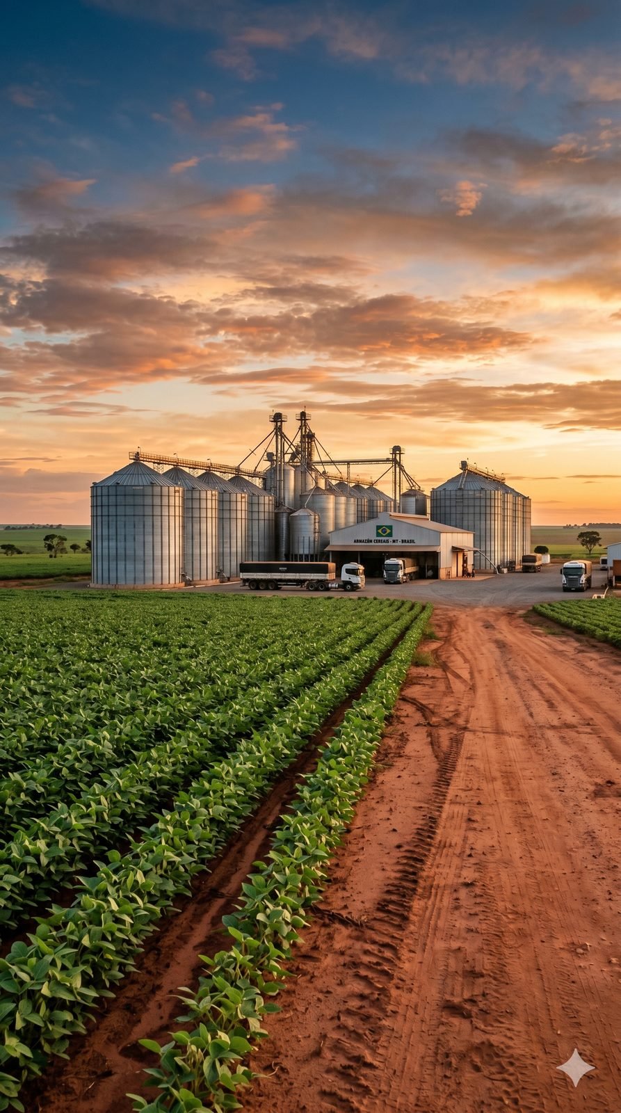 Silos de armazenagem de grãos ao pôr do sol em Sorriso, Mato Grosso
